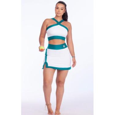 Imagem de Conjunto Beach Tennis Bicolor Tecido leve Canelado Short Saia Cintura 