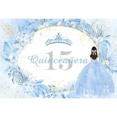 Imagem de Yeele 2,4 x 1,8 m Quinceanera 15 pano de fundo para marmelo Años coroa floral azul brilhante azul claro vestido de princesa para meninas doces 15 anos suprimentos de festa decoração adereços de sessão