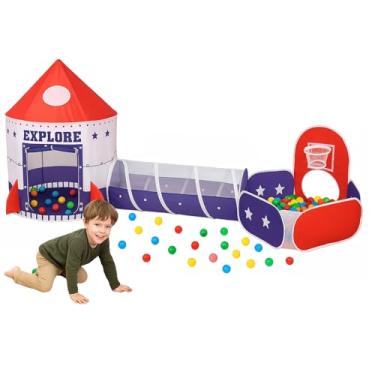 Imagem de Barraca Infantil 3 em 1 com Toca Foguete, Túnel e Piscina com Cesta de Basquete - Cabana Infantil Menina e Menino para Diversão e Aventura em Casa ou Jardim