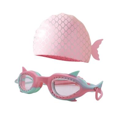 Imagem de MOSSTYUS Óculos de natação infantil com touca de natação de silicone conjunto de bonés de natação de tubarão fofo anti-nevoeiro anti-UV para meninas de 3 a 12 anos, rosa