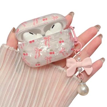 Imagem de MINSCOSE Capa para AirPods Pro/Pro 2 com glitter, design moderno de laço cerejeira com chaveiro, capa protetora à prova de choque para AirPods iPod Pro 1ª/2ª geração para mulheres e meninas - vermelho