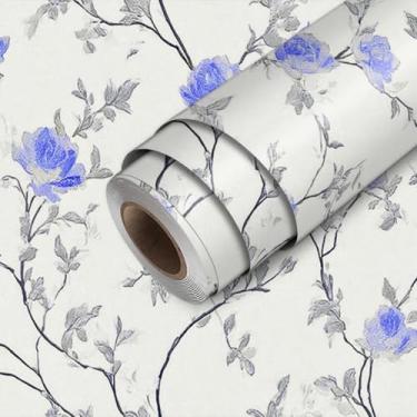 Imagem de HOMETITUTE Papel de parede de ramo de rosa azul estilo esboço descasque e cole papel de parede de contato 45 cm x 300 cm cobertura de parede de vinil autoadesivo quarto cozinha banheiro