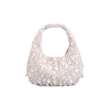 Imagem de QWINEE Bolsa feminina floral bordada crescente de lantejoulas Y2k com zíper e alça superior para festa de casamento, Bege liso, One Size