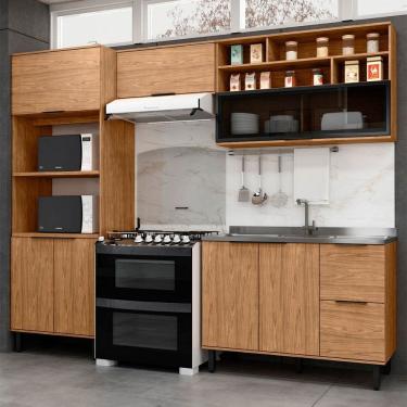 Imagem de Cozinha Compacta Sophie 7 Portas 3 Gavetas com Vidro 100% Mdf Freijo - Pnr Móveis