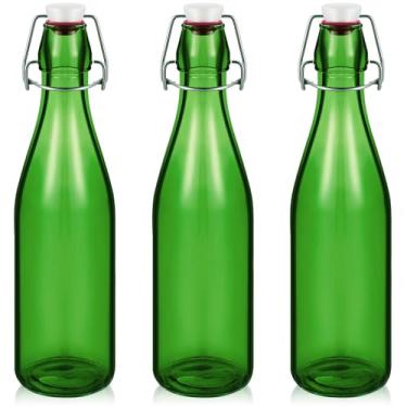 Imagem de Teenyyou 3 garrafas de vidro verde de 500 ml / 479.1 g Garrafas de vidro azuis com tampa hermética para vinho caseiro, faça você mesmo, faça suas próprias bebidas, decoração para centros de mesa