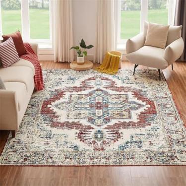 Imagem de ESSMOKO Tapete de sala de estar tapete turco persa para casa, sala de estar, quarto, mesa de cabeceira, lavável à máquina, tapete de vários tamanhos, padrão vermelho desgastado, 60 x 180 cm