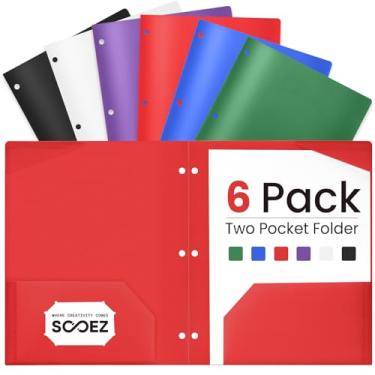 Imagem de Sooez Pacote com 6 pastas de 2 bolsos com etiquetas, pasta de fichário resistente com bolsos e furos, pastas de plástico com bolsos para fichário de 3 anéis, pastas de bolso perfuradas tamanho carta com 3 furos para escola