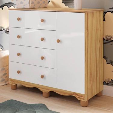 Imagem de Cômoda Infantil Júnior New 1 Porta E 4 Gavetas Branco Brilho/amêndoa - Móveis Peroba