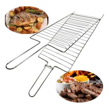 Imagem de Grelha Dupla Para Churrasco 70 x 26,5cm Para Frango Peixes e Carnes Cromada
