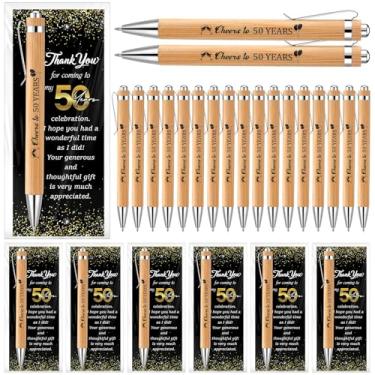 Imagem de Sayglossy 25 conjuntos de lembrancinhas de festa de aniversário de 50 anos para convidados, incluindo 25 canetas esferográficas com 25 cartões de agradecimento, 50 sacos e laços torcidos para