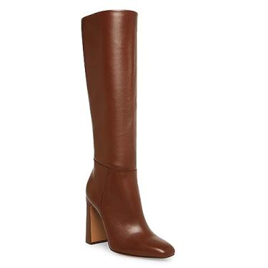 Imagem de Coutgo Bota feminina de salto grosso, cano alto, clássica, de couro, quadrada, com zíper, Marrom escuro, 37