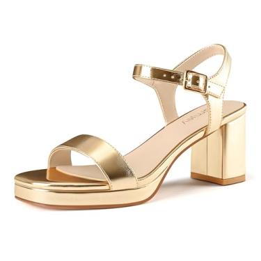 Imagem de Salto plataforma feminino quadrado aberto bico bloco salto grosso sandálias com fivela tira no tornozelo formatura vestido de casamento, Dourado, 40