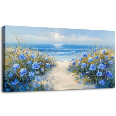 Imagem de SLYCAY Arte de parede grande de paisagem costeira para sala de estar, impressões em tela de nascer do sol na praia, flores azuis natureza, pinturas oceânicas, decoração moderna de casa de fazenda
