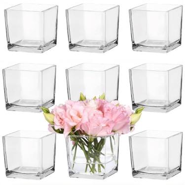 Imagem de CONNOO Pacote com 9 vasos de vidro quadrados 10 x 10 cm x 10 cm, vasos de flores transparentes a granel para centros de mesa, castiçais flutuantes para festas de casamento, decoração de casa