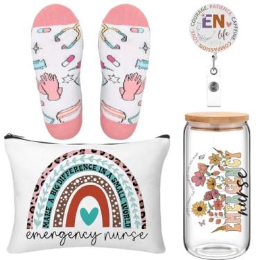 Imagem de Skylety Conjunto de 5 peças de presentes de enfermeira para mulheres com copo de vidro de 473 ml, bolsa cosmética, porta-crachá, agradecimento, emergência, enfermeira, agradecimento, caixa de presente
