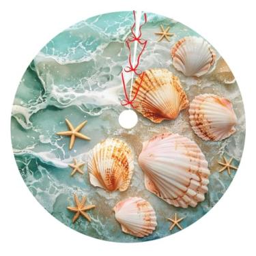 Imagem de Saia de árvore de Natal de 91 cm, design de concha de praia, saia redonda com alças de amarrar