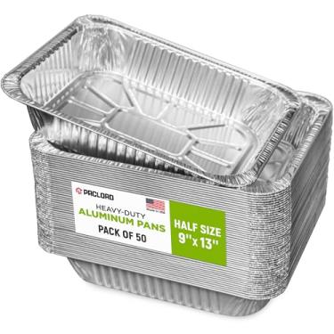 Imagem de Paclord Formas de alumínio – tamanho médio 23 x 33 cm, pacote com 50 bandejas de alumínio descartáveis feitas nos EUA para mesa a vapor e prateleiras de atrito – ótimas para assar, bufê, churrasco
