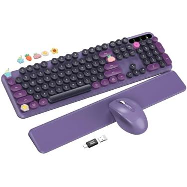 Imagem de Teclado e mouse sem fio – Teclado de máquina de escrever fofo com descanso de pulso removível, teclas redondas retrô, pernas dobráveis, combo de teclado de tamanho completo de 2,4 GHz para PC, laptop