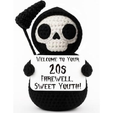 Imagem de Funny 20th Birthday Gift – Handmade Crochet Grim Reaper Plush with Dark Humor Message – Spooky Cute Milestone Keepsake for Halloween, Friends, Coworkers, Brothers, Sisters