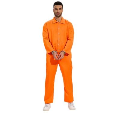 Imagem de Cabeny Fantasia de prisioneiro masculina laranja macacão solto prisão para festa à fantasia de Halloween CA035-L