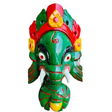 Imagem de QT S Ganesh antigo feito à mão máscara de parede de madeira do deus hindu da sorte/sucesso Ganesha forma de cabeça de elefante para pendurar na parede decorativa, máscara de madeira Son of Lord Shiva