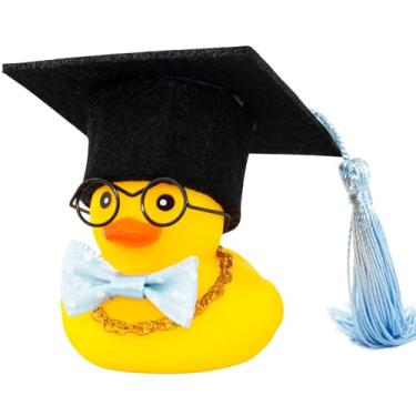 Imagem de wonuu Ornamentos de carro de pato de borracha, decoração de painel de carro de pato para acessórios legais de carro com colar de chapéu de formatura e gravata borboleta, azul bebê