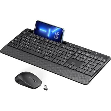 Imagem de Combo de teclado e mouse sem fio, teclado de máquina de escrever de tamanho completo com suporte para telefone, apoio para as mãos, modo de suspensão, clique macio, conexão sem fio de 2,4 GHz para