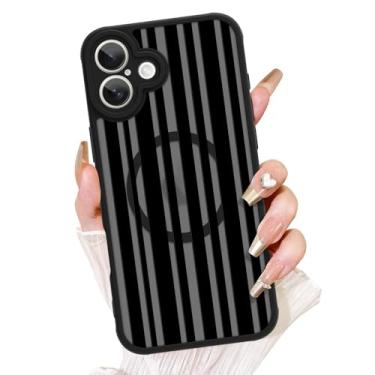Imagem de AIGOMARA Capa magnética para iPhone 16 [compatível com MagSafe] linda capa de telefone preta listrada para mulheres Gilrs TPU macio e PC capa protetora traseira fina para telefone