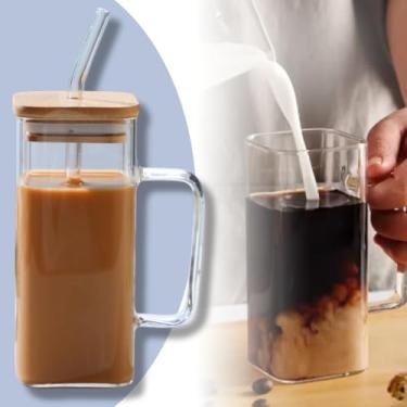 Imagem de Kit 2 Copo de Vidro Canudo e Tampa de Bambu Caneca 300ml Borossilicato Bebidas Geladas E Quentes Chá Café Refri Suco Sobremesas Com Alça Transparente