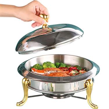 Imagem de Conjunto de pratos redondos de tamanho completo, bandeja de aquecimento de alimentos para servidor de buffet de aço inoxidável com forno a álcool e tampa, para restaurantes comerciais, festas