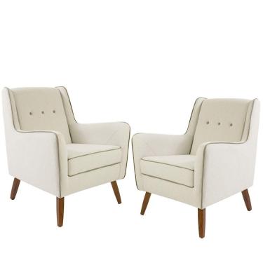 Imagem de Kit 02 Poltronas Decorativas com Pés de Madeira Taroba D02 Algodão Bege C-381 - Lyam Decor