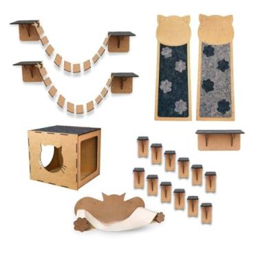 Imagem de Kit Playground Gatos 19 pçs Arranhador Parede Brinquedo Gato Nicho Toca Casinha Degraus Pontes