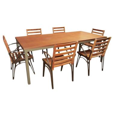 Imagem de Conjunto Com Mesa Retangular Tampo De Madeira 6 Cadeiras Horizonte Marrom