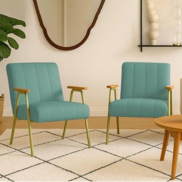 Imagem de Poltrona Sala Decorativa Industrial Dourado Kit 2 Laurita Linho Verde 