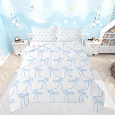 Imagem de meiyoeat Conjunto de edredom fofo com laço azul, tamanho casal, kawaii, para crianças, meninos, meninas, com laços e listras, edredom de princesa, decoração de quarto de microfibra, 3 peças com 2