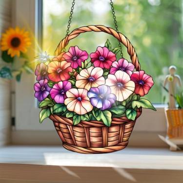 Imagem de Acrílico colorido, apanhador de sol estilo vitral estampado com flores com reflexos de arco-íris, arte de parede para decoração de janela suspensa, ornamentos de Natal para uso interno e externo 19,8