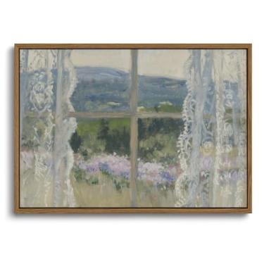 Imagem de KISSFOX Arte de parede emoldurada de verão vintage janela jardim paisagem arte em tela rústica floral country pinturas de casa de campo impressões de arte modernas imagens de casa de fazenda decoração