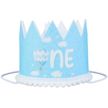 Imagem de Hot Air Balloon 1st Birthday Crown Hat 3.11* 3.46 inches Blue Clouds Hot Air Balloon First Birthday Party Supplies Travel World Adventure Airplane Mr Onederful One Year Old Bday Photo Booth Props
