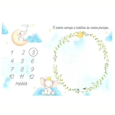 Imagem de Lençol Mêsversário Cenário Para Fotos Bebê Elefante Menino MDF Registro Mensal Fundo Fotográfico Painel Decorativo para Bebê Estampa Delicada Acompanha Marcador