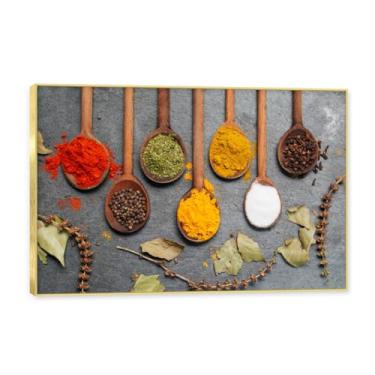 Imagem de NHLDZYH Moldura dourada. Arte de parede em tela de especiarias coloridas e colher de tempero | Decoração de cozinha vintage | Arte moderna para casa e sala de jantar. B28. 80 x 120 cm - 31,5 x 47,3