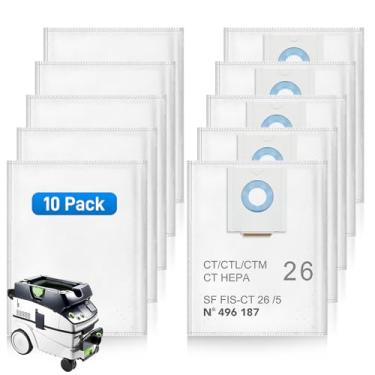 Imagem de Pacote com 10 sacos de filtro autolimpos, 496187 para Festool CT 26, CTL 26, CTM 26, sacos de aspirador de pó para coletor de poeira Festool, sacos de vácuo de grande capacidade fáceis de reter poeira