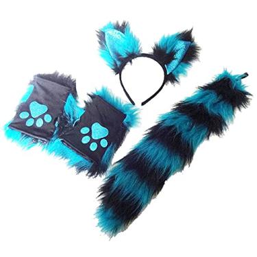 Imagem de MMSS Furry Fox Costume Set with Ears Headband, Paws Mittens, and Tail | Halloween Fox Cosplay Party Costume Set (Blue)