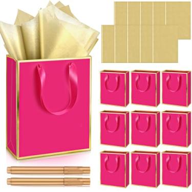 Imagem de Yeaqee Pacote com 10 sacos metálicos para presente de papel com alças de papel de seda Thank You 5 Senses Gift Bag for His Her Birthday Christmas Baby Shower Groomsmen Bridal Favor 23 x 18 cm (rosa