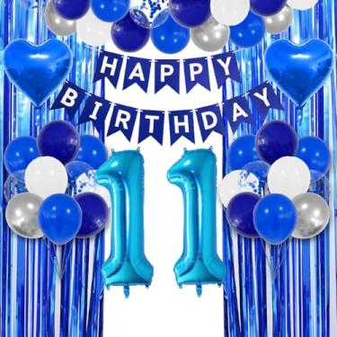 Imagem de Balões azuis 11º aniversário decoração menino azul feliz 11º aniversário festa balões guirlanda suprimentos 11 aniversário suprimentos com azul escuro número 11 balões de alumínio para adolescentes de