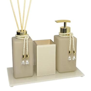 Imagem de Kit Lavabo Bege Completo com Saboneteira, Aromatizador de Ambiente, Porta Escovas e Bandeja Luxo(DOURADA,SEM BANDEJA)