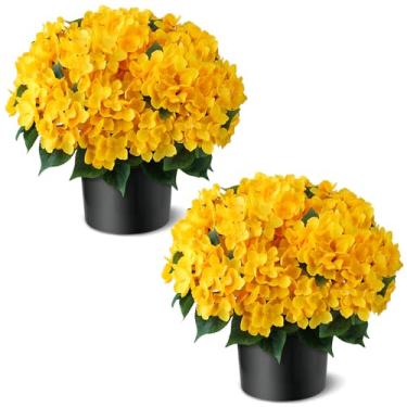 Imagem de FOTEEWL Árvores de topiaria de flor de hortênsia artificial – 2 conjuntos de plantas em vaso de flores de seda sintética, arbusto de hortênsia artificial resistente a UV para porta da frente, fazenda