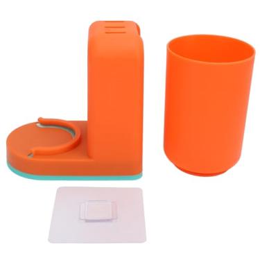 Imagem de Suporte de escova de dentes montado na parede organizador de banheiro laranja com copo rack de armazenamento de pasta de dente sem design de perfuração