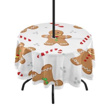 Imagem de Qilmy Toalha de mesa redonda à prova d'água Christmas Gingerbread Man 152 cm com orifício para guarda-chuva e zíper – uso externo / interno resistente para pátio, churrascos, piqueniques, festas