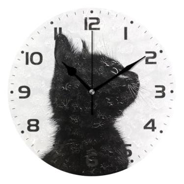 Imagem de JUZIHAI Relógio de parede com silhueta de gatinho, silencioso, sem tique-taque, redondo, operado por bateria, fácil de ler, relógio decorativo de parede para casa, cozinha, sala de estar, quarto