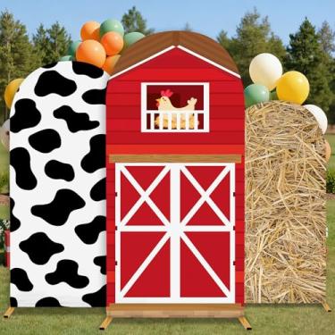 Imagem de 3 peças de capa de fundo de arco com tema de fazenda, 1,2 m, 1,5 m e 1,8 m, estampa de fardo de feno com estampa de fardo de feno, parte superior elástica, tema de animais de fazenda, foto de fundo